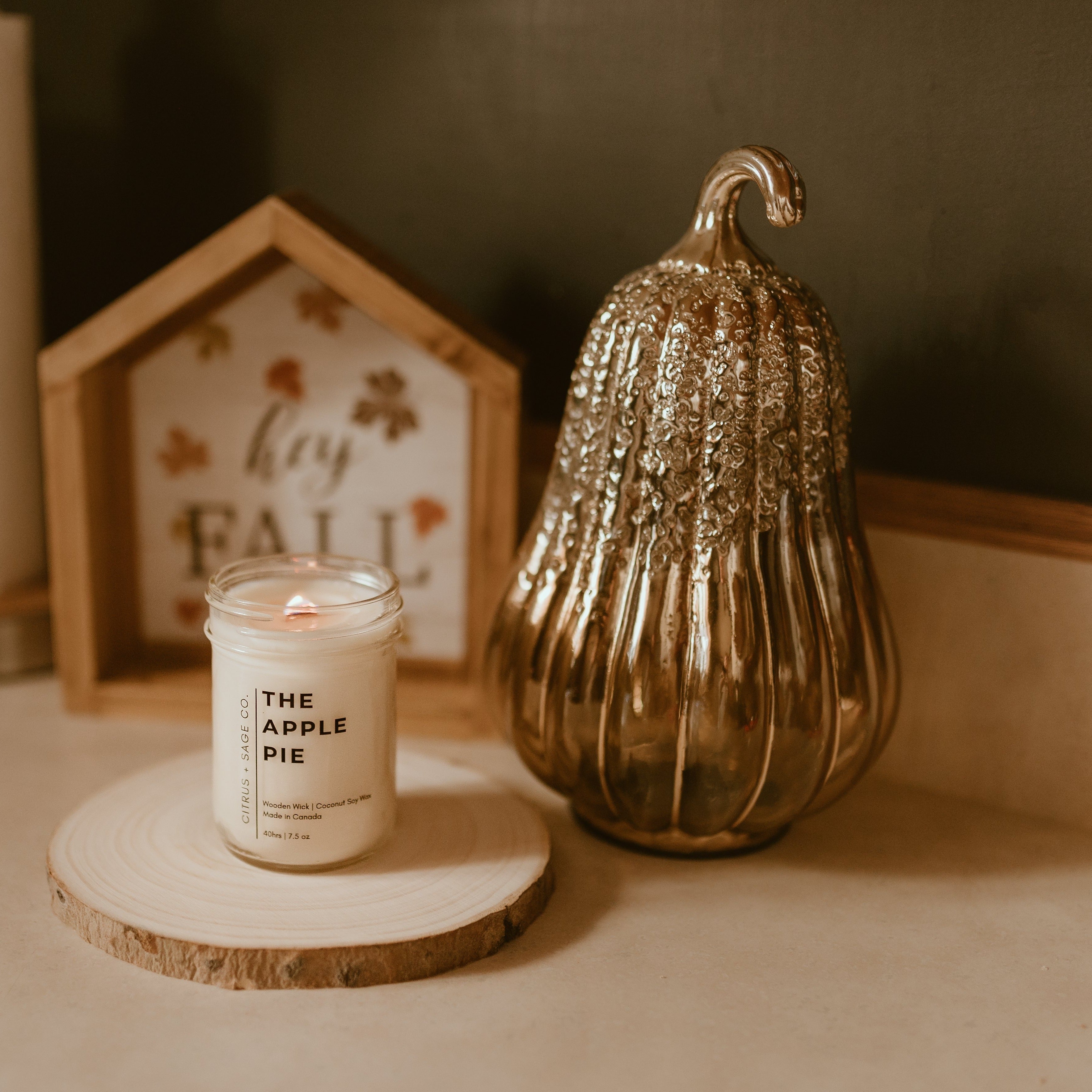 candle on wooden disc with metal pear in background